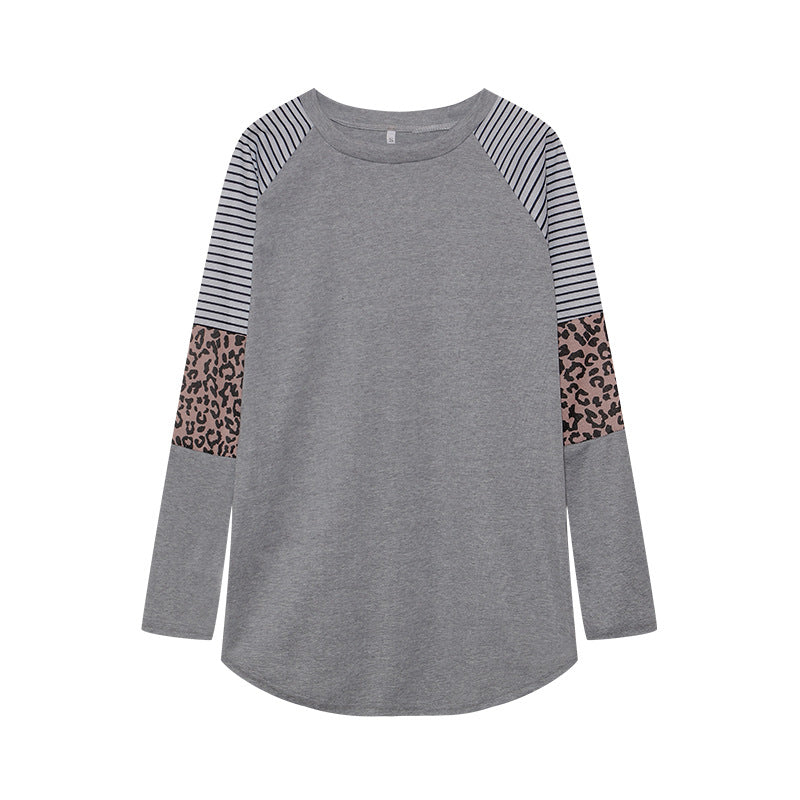 Wholesale Polyester Leopard Print Color Striped Round Neck Long Sleeves